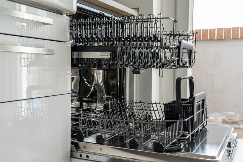 An open dishwasher rack.