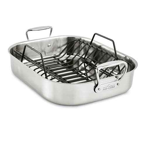All-Clad Stainless Steel 13 x 16-Inch Roaster with Rack, product photograph from the Amazon listing.